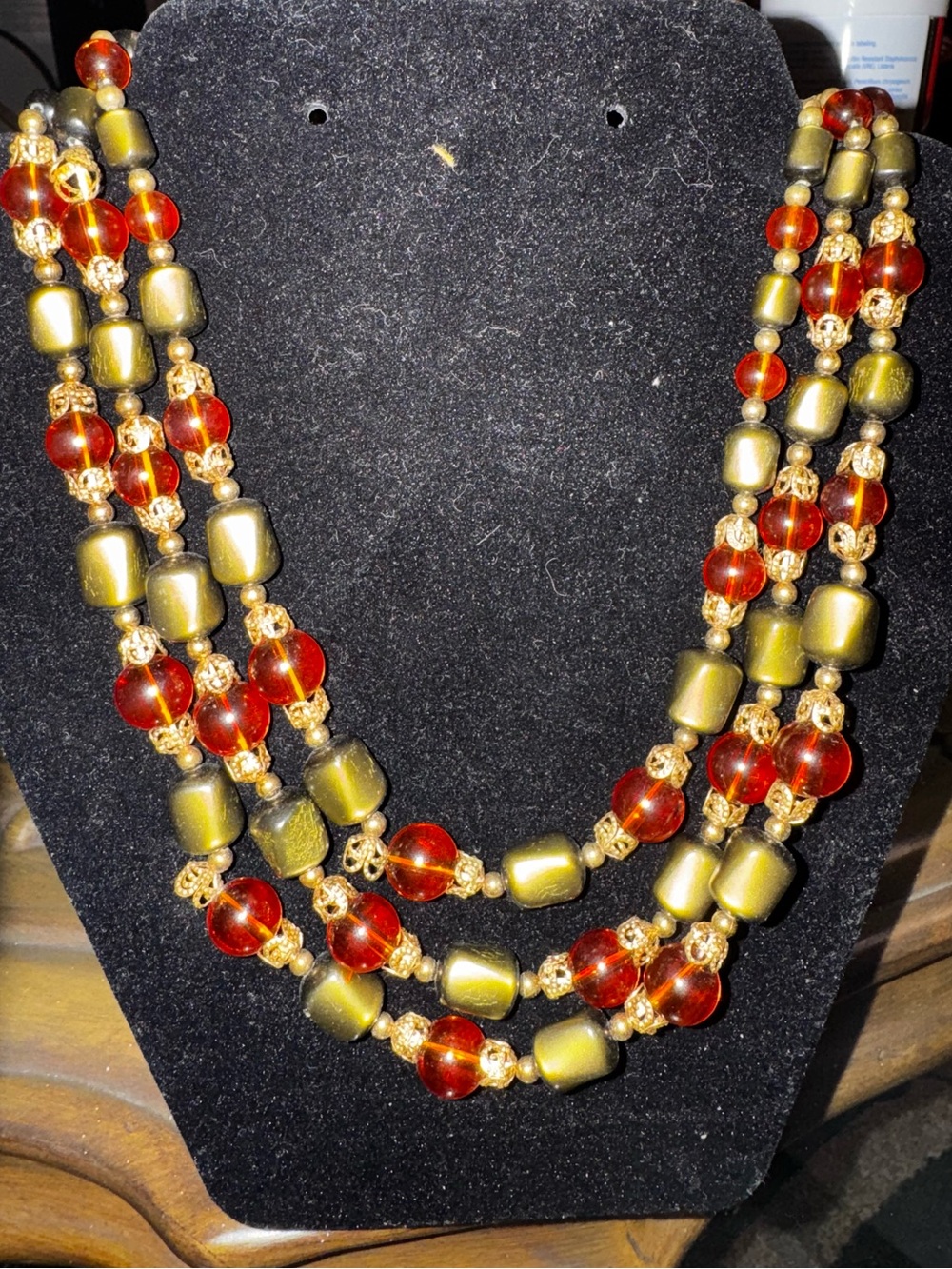 Source Unknown Red and Olive Three-Strand Beaded Necklace